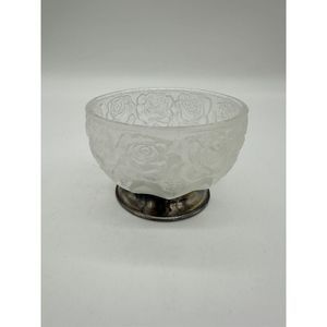PM Italy Glass Bowl W/ Metal Pedestal & Frosted Glass Carved Bowl 9.25 VTG Rare